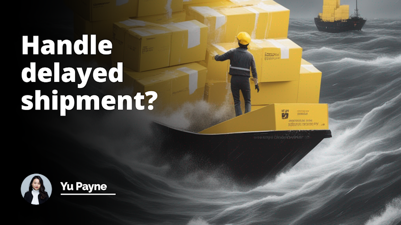 Struggling figure in courier uniform, yellow capsized ship in black ocean, upheaval, white scattered boxes, message of delayed shipment conveyed through stormy weather, Youtube cover image dimensions.