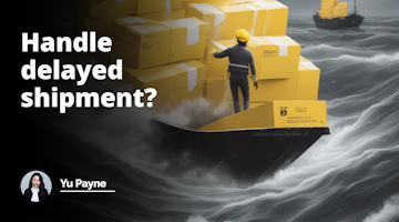 Struggling figure in courier uniform, yellow capsized ship in black ocean, upheaval, white scattered boxes, message of delayed shipment conveyed through stormy weather, Youtube cover image dimensions.