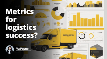 Logistics-themed graphic, yellow, black and white colors, detailed statistics, captivating visual, meaningful representation of success metrics, Youtube cover image vibe