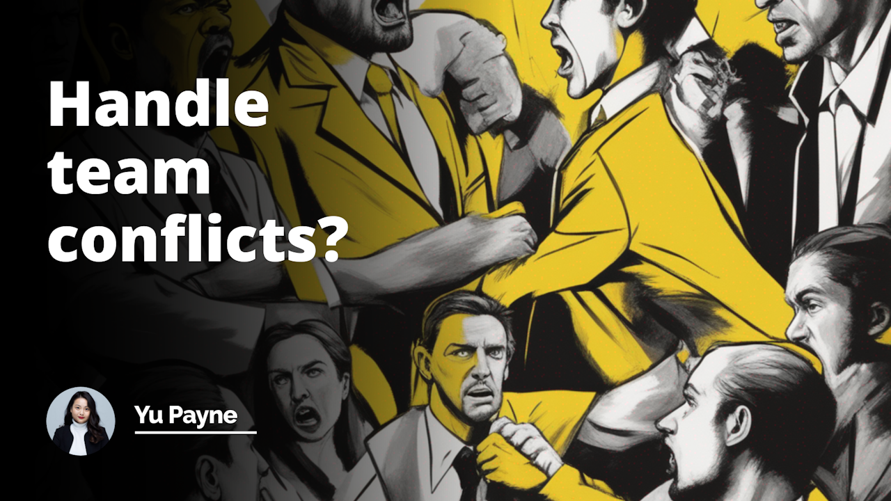 Conflict resolution scene, team members arguing, vivid yellow backdrop contrasted with stark black and white figures, intense facial expressions, tension palpable, YouTube cover worthy image, meaningful and detailed.