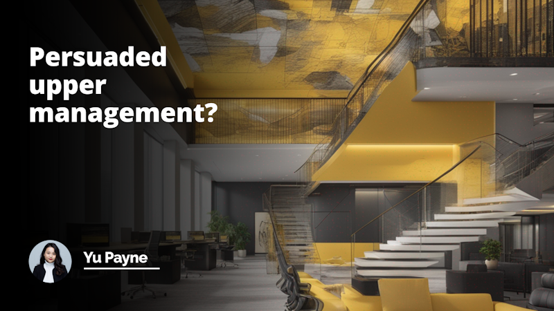 High-rise corporate office, convincing argument, upper management approval, color mix of yellow, black & white, intricate details, YouTube cover image dimensions