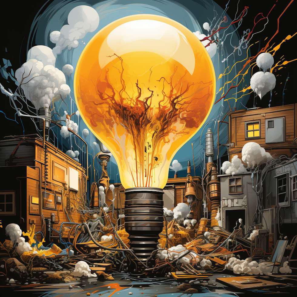 A vibrant, yellow and black-themed image that playfully portrays the concept of "Ideation." A lightbulb with a comically exaggerated, contorted expression stands at center stage. It's surrounded by a swirling vortex of brainstorming chaos--pencil lightning bolts, crumpled paper storm clouds, and a tornado of thought bubbles. In the background, a mountain of creative ideas, each represented as a unique quirky object--a flying toaster, a rubber duck, a dancing pineapple, and even a levitating teapot. The lightbulb seems to be shouting, its filament transformed into a megaphone, amidst the creative pandemonium. On one side, a group of tiny people dressed as inventors huddle together in a think tank, while on the other side, a team of chimpanzees dressed in lab coats feverishly operate a brainstorming machine with bananas and levers. This zany and surreal image captures the essence of ideation by blending humor with a whirlwind of imaginative chaos. It portrays the process of generating ideas as a wild and unpredictable adventure where even a lightbulb can't contain its excitement.