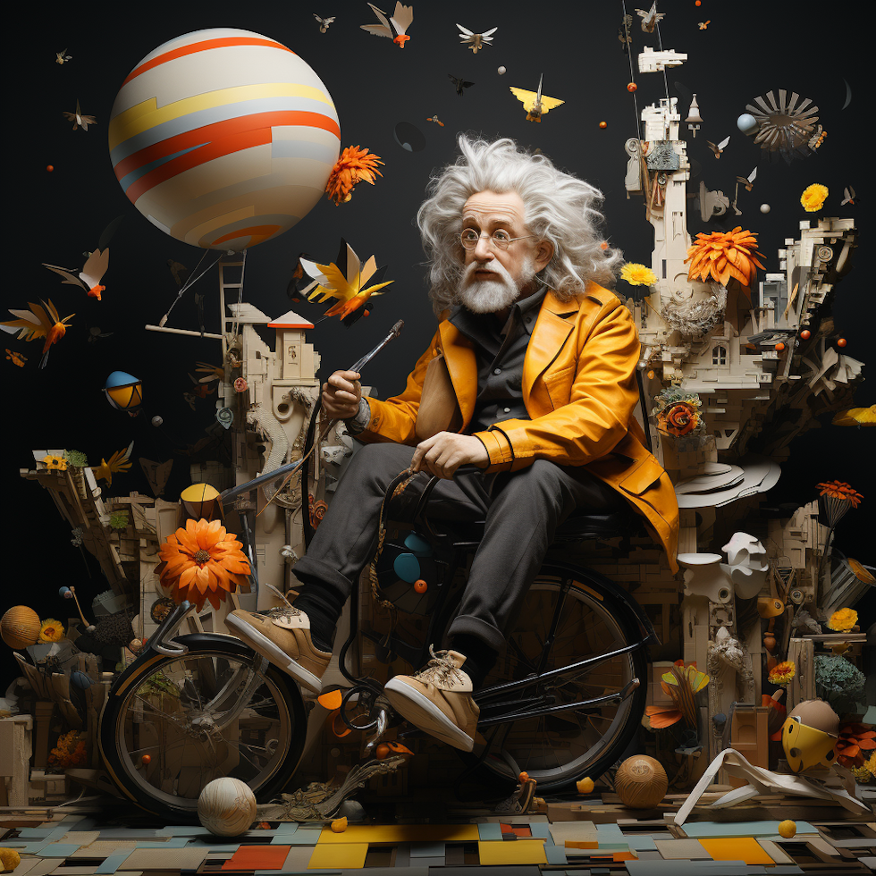 A vibrant yellow and black chessboard floats in a surreal, dreamlike landscape. Amidst this whimsical checkerboard terrain, a white-haired, bespectacled Einstein look-alike rides a unicycle while juggling an array of light bulbs, each radiating various shades of innovation. Above him, a flock of colorful origami birds soars, each one representing a different ideation technique--brainstorming, mind mapping, reverse thinking, and more. In the distance, a book with wings, embodying the power of knowledge, glides gracefully towards an open door marked "Innovate Here." A playful nod to innovation's myriad facets, this image sparks curiosity and chuckles, encapsulating the essence of ideation with a dash of whimsy.
