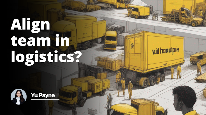 Team alignment in logistics, vivid, striking hues of yellow, black, white, insightful depth, comprehensible theme, detail-oriented, akin to a Youtube cover, silent storytelling