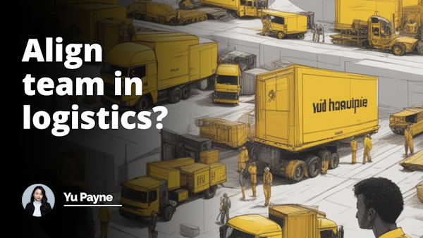 Team alignment in logistics, vivid, striking hues of yellow, black, white, insightful depth, comprehensible theme, detail-oriented, akin to a Youtube cover, silent storytelling