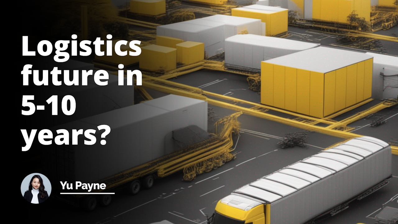 Futuristic logistics scene, 5-10 years ahead, yellow-black-white color scheme, meaningful, YouTube cover image size, visually portraying the topic, detailed, English description.