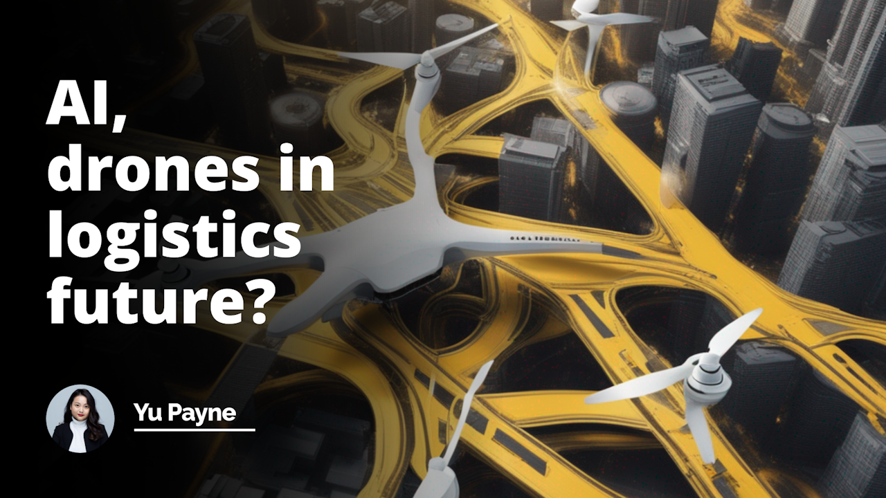 AI innovation, drone technology, future logistics, striking yellow-black-white color palette, dense corporate cityscape nerves, urban transportation routes intertwined, breathtaking cinematic panorama, intense technological advancement ambiance