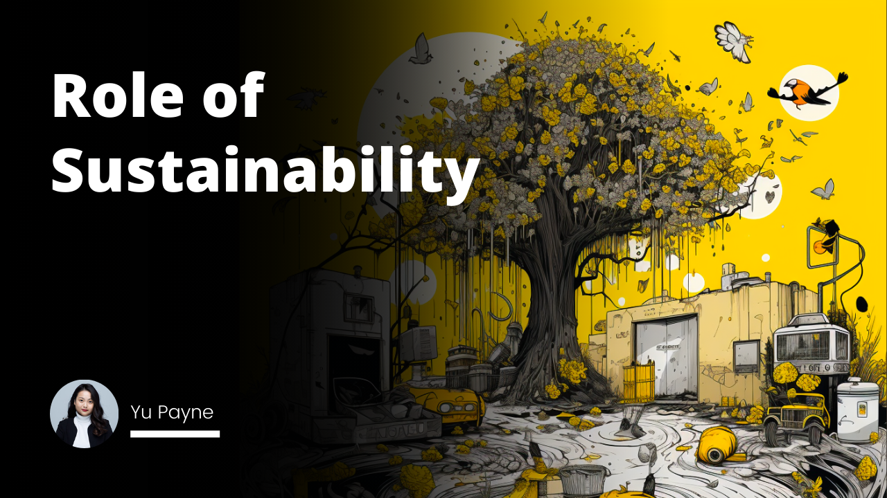 Sustainability-themed scene, impassive yellow-black-white hues, meaningful symbolism, small intricate details, wide-appealing, Youtube cover photo size, English annotation, attention-grabbing, descriptive elements.