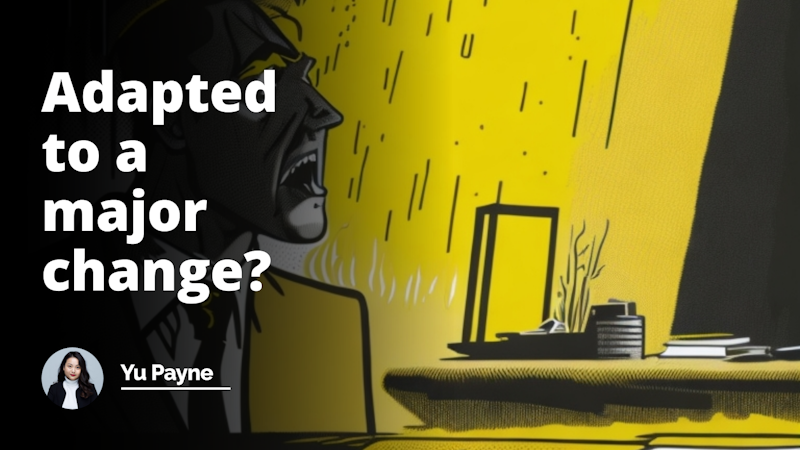 Bright yellow background, contrasting black and white elements, a comical caricature of a person nervously waiting, in a job interview scenario, oversized resume held tight, exaggerated sweat droplets visible on the forehead, an abstract tangible energy emanating from the character, hinting at anxiety and anticipation, cartoonish office infrastructure showing desk, interviewer figure obscured in shadows, piles of documents depicting meticulousness, long winding road behind the person metaphorically representing journey and change, visible fork in the road depicting major decisions like career changes, strategically placed logistics-related elements like shipping boxes, truck models and globes subtly hinting at logistics management course, sporadic pops of colors symbolizing diversity and change, minimalistic yet expressive, all elements tightly interwoven telling a story, farcical yet meaningful.