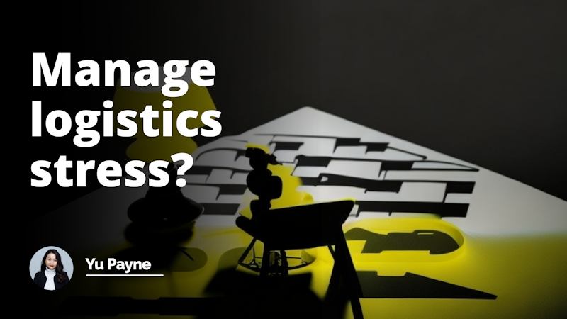 Bright yellow limelight illuminating a black silhouette of an individual sitting across a desk, speaking into a microphone, sweat droplets glisten on the silhouette's forehead symbolizing stress management, a series of graphs and charts flash on a white projector screen in the background represent Logistics Management Course, next to the silhouette a stack of documents signifying job interview, black and white chess pieces scattered on the desk symbolizing strategic approach in logistics, cardboard boxes in varied sizes stacked in the corner signify supply chain, globe and compass in the corner relating to international logistics, numeric calculator indicating data analysis skill needed in logistics, paired with a clock, symbolizing time management.