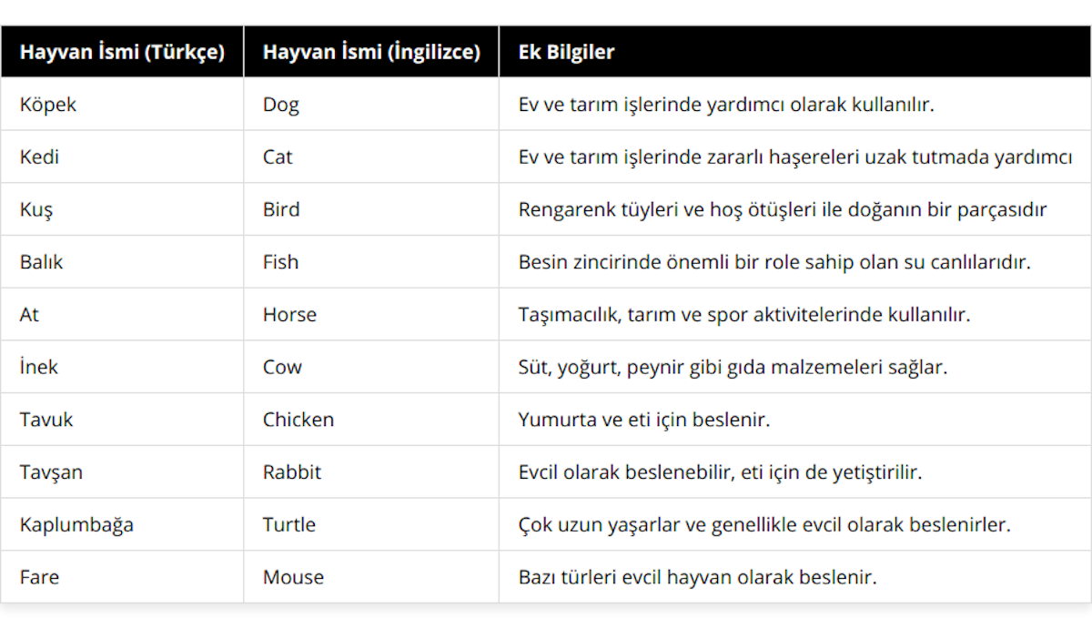 Köpek, Dog, Ev ve tarım işlerinde yardımcı olarak kullanılır, Kedi, Cat, Ev ve tarım işlerinde zararlı haşereleri uzak tutmada yardımcı, Kuş, Bird, Rengarenk tüyleri ve hoş ötüşleri ile doğanın bir parçasıdır, Balık, Fish, Besin zincirinde önemli bir role sahip olan su canlılarıdır, At, Horse, Taşımacılık, tarım ve spor aktivitelerinde kullanılır, İnek, Cow, Süt, yoğurt, peynir gibi gıda malzemeleri sağlar, Tavuk, Chicken, Yumurta ve eti için beslenir, Tavşan, Rabbit, Evcil olarak beslenebilir, eti için de yetiştirilir, Kaplumbağa, Turtle, Çok uzun yaşarlar ve genellikle evcil olarak beslenirler, Fare, Mouse, Bazı türleri evcil hayvan olarak beslenir