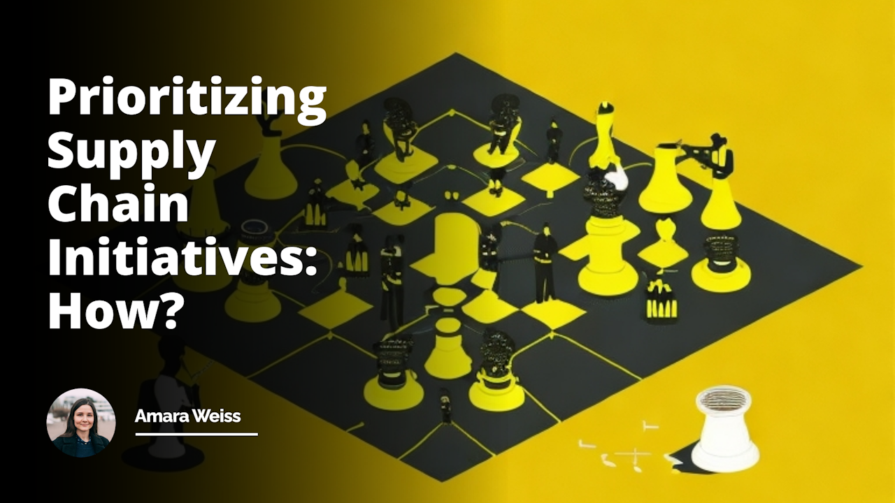 Bright yellow background, two black silhouetted figures, one standing, one sitting across a white table, symbolizing job interview, flow of goods icon, chain links overlapping, highlighting supply chain management, magnifying glass scrutinizing the chain, showing prioritization, chart with arrows moving upwards, representing initiatives, chess board at the corner linking the strategy, fun element, an oversized question mark hovering above, creates intrigue, humorous touch - one figure upside-down, unusual perspective, clear perception of topic even in the fun setting.