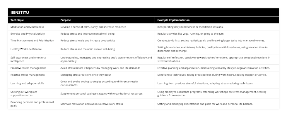 Meditation and Mindfulness, Develop a sense of calm, clarity, and increase resilience, Incorporating daily mindfulness or meditation sessions, Exercise and Physical Activity, Reduce stress and improve mental well-being, Regular activities like yoga, running, or going to the gym, Time Management and Prioritization, Reduce stress levels and increase productivity, Creating to-do lists, setting realistic goals, and breaking larger tasks into manageable ones, Healthy Work-Life Balance, Reduce stress and maintain overall well-being, Setting boundaries, maintaining hobbies, quality time with loved ones, using vacation time to disconnect and recharge, Self-awareness and emotional intelligence, Understanding, managing and expressing one's own emotions efficiently and appropriately, Regular self-reflection, sensitivity towards others' emotions, appropriate emotional reactions in stressful situations, Proactive stress management, Avoid stress before it happens by managing work and life demands, Effective planning and organization, maintaining a healthy lifestyle, regular relaxation activities, Reactive stress management, Managing stress reactions once they occur, Mindfulness techniques, taking break periods during work hours, seeking support or advice, Learning and adaption skills, Grow and evolve coping strategies according to different stressful circumstances, Learning from previous stressful situations, adapting stress-reducing techniques, Seeking out workplace support/resources, Supplement personal coping strategies with organizational resources, Using employee assistance programs, attending workshops on stress management, seeking guidance from mentors, Balancing personal and professional goals, Maintain motivation and avoid excessive work stress, Setting and managing expectations and goals for work and personal life balance