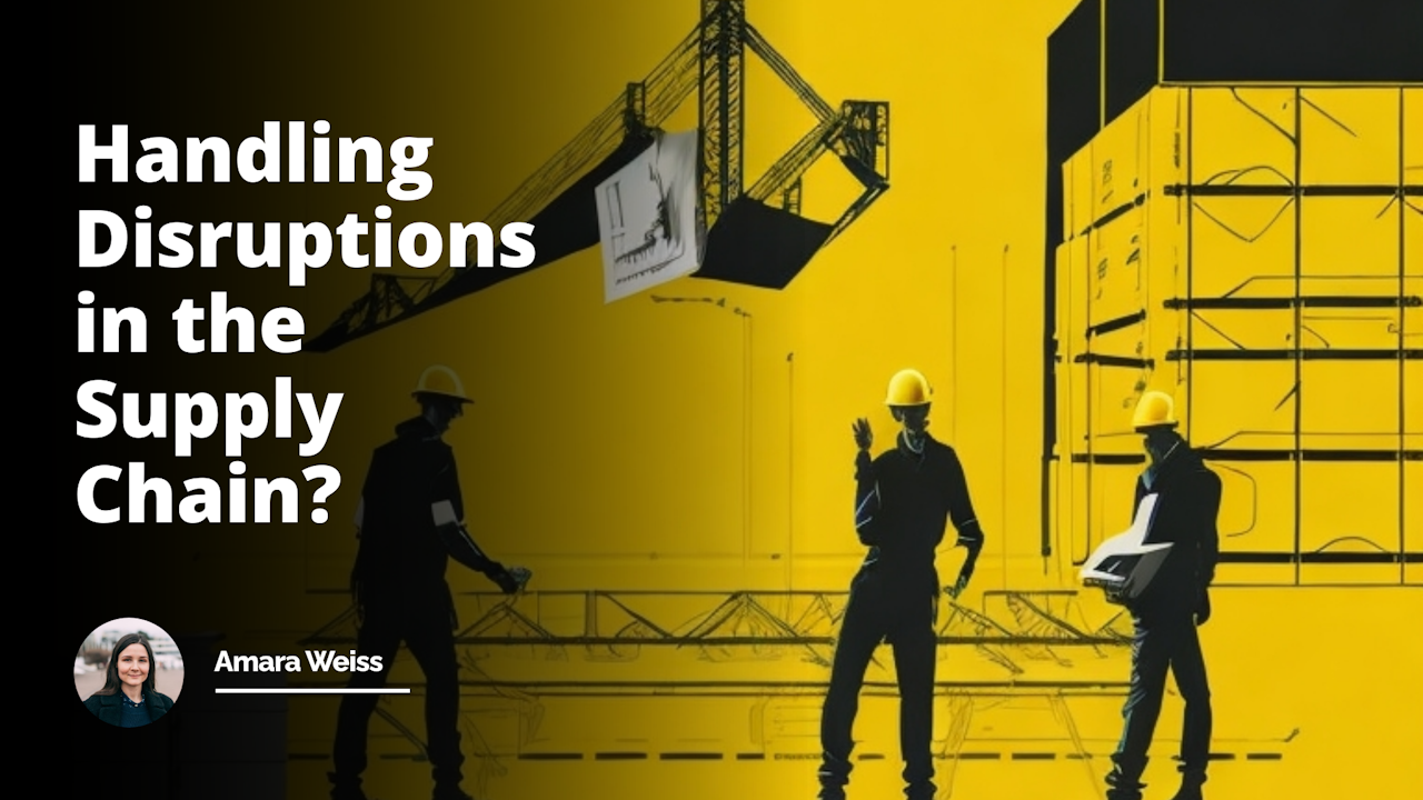 Vibrant yellow background, silhouette of two individuals engaged in discussion, gestures implying a conversation, one person holding a clipboard suggesting an interview setup, stacks of cardboard boxes symbolizing supply chain, conveyor belts and cranes depicting management, black and white chaotic lines representing disruptions, disrupted connection between different parts of the chain, elements involved in shipping and delivery like trucks, containers subtly visible in the background, a factory image with busy workers representing industrial side of supply chain. Overall, a humorous twist with exaggerated expressions and situations, creating a unique, multi-dimensional perspective on the topic of an interview in the context of supply chain disruptions.