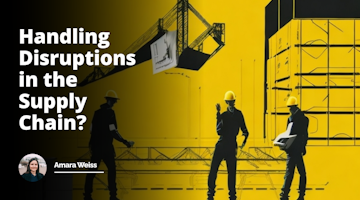 Vibrant yellow background, silhouette of two individuals engaged in discussion, gestures implying a conversation, one person holding a clipboard suggesting an interview setup, stacks of cardboard boxes symbolizing supply chain, conveyor belts and cranes depicting management, black and white chaotic lines representing disruptions, disrupted connection between different parts of the chain, elements involved in shipping and delivery like trucks, containers subtly visible in the background, a factory image with busy workers representing industrial side of supply chain. Overall, a humorous twist with exaggerated expressions and situations, creating a unique, multi-dimensional perspective on the topic of an interview in the context of supply chain disruptions.