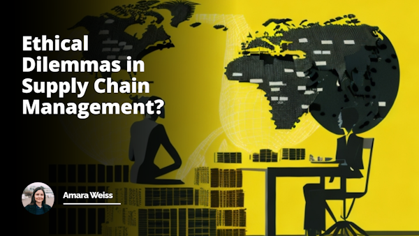 A sunny yellow background with a black silhouette of a person sitting across a table, white speech bubbles flowing out indicating conversation, representing a job interview, the table is laden with items symbolizing Supply Chain Management, a globe on one end indicating global reach, stacks of boxes on the other representing goods distribution, a chain link connecting each object, emphasizing the concept of the supply chain, a pair of weighing scales sits in the center, one side with a green leaf, symbolizing ethical practices, and the other side with a money bag to represent profit, showcasing the dilemma between ethics and profit in Supply Chain Management, the silhouetted person sweats, showing the pressure and humor in the situation, the image comprehensively conveys the subject, interesting, engaging, humorous.