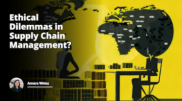 A sunny yellow background with a black silhouette of a person sitting across a table, white speech bubbles flowing out indicating conversation, representing a job interview, the table is laden with items symbolizing Supply Chain Management, a globe on one end indicating global reach, stacks of boxes on the other representing goods distribution, a chain link connecting each object, emphasizing the concept of the supply chain, a pair of weighing scales sits in the center, one side with a green leaf, symbolizing ethical practices, and the other side with a money bag to represent profit, showcasing the dilemma between ethics and profit in Supply Chain Management, the silhouetted person sweats, showing the pressure and humor in the situation, the image comprehensively conveys the subject, interesting, engaging, humorous.