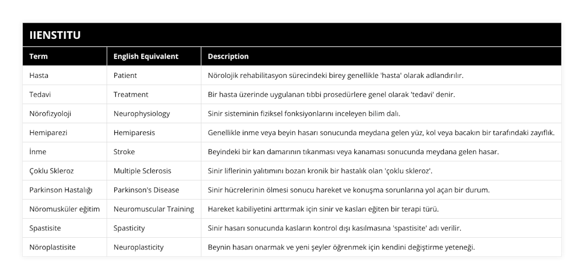 Hasta, Patient, Nörolojik rehabilitasyon sürecindeki birey genellikle 'hasta' olarak adlandırılır, Tedavi, Treatment, Bir hasta üzerinde uygulanan tıbbi prosedürlere genel olarak 'tedavi' denir, Nörofizyoloji, Neurophysiology, Sinir sisteminin fiziksel fonksiyonlarını inceleyen bilim dalı, Hemiparezi, Hemiparesis, Genellikle inme veya beyin hasarı sonucunda meydana gelen yüz, kol veya bacakın bir tarafındaki zayıflık, İnme, Stroke, Beyindeki bir kan damarının tıkanması veya kanaması sonucunda meydana gelen hasar, Çoklu Skleroz, Multiple Sclerosis, Sinir liflerinin yalıtımını bozan kronik bir hastalık olan 'çoklu skleroz', Parkinson Hastalığı, Parkinson's Disease, Sinir hücrelerinin ölmesi sonucu hareket ve konuşma sorunlarına yol açan bir durum, Nöromusküler eğitim, Neuromuscular Training, Hareket kabiliyetini arttırmak için sinir ve kasları eğiten bir terapi türü, Spastisite, Spasticity, Sinir hasarı sonucunda kasların kontrol dışı kasılmasına 'spastisite' adı verilir, Nöroplastisite, Neuroplasticity, Beynin hasarı onarmak ve yeni şeyler öğrenmek için kendini değiştirme yeteneği