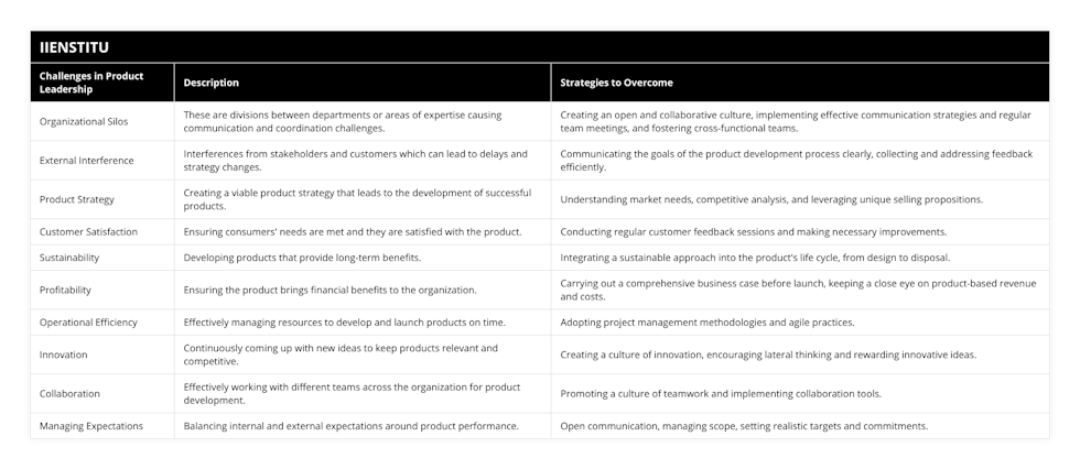 Organizational Silos, These are divisions between departments or areas of expertise causing communication and coordination challenges, Creating an open and collaborative culture, implementing effective communication strategies and regular team meetings, and fostering cross-functional teams, External Interference, Interferences from stakeholders and customers which can lead to delays and strategy changes, Communicating the goals of the product development process clearly, collecting and addressing feedback efficiently, Product Strategy, Creating a viable product strategy that leads to the development of successful products, Understanding market needs, competitive analysis, and leveraging unique selling propositions, Customer Satisfaction, Ensuring consumers' needs are met and they are satisfied with the product, Conducting regular customer feedback sessions and making necessary improvements, Sustainability, Developing products that provide long-term benefits, Integrating a sustainable approach into the product's life cycle, from design to disposal, Profitability, Ensuring the product brings financial benefits to the organization, Carrying out a comprehensive business case before launch, keeping a close eye on product-based revenue and costs, Operational Efficiency, Effectively managing resources to develop and launch products on time, Adopting project management methodologies and agile practices, Innovation, Continuously coming up with new ideas to keep products relevant and competitive, Creating a culture of innovation, encouraging lateral thinking and rewarding innovative ideas, Collaboration, Effectively working with different teams across the organization for product development, Promoting a culture of teamwork and implementing collaboration tools, Managing Expectations, Balancing internal and external expectations around product performance, Open communication, managing scope, setting realistic targets and commitments