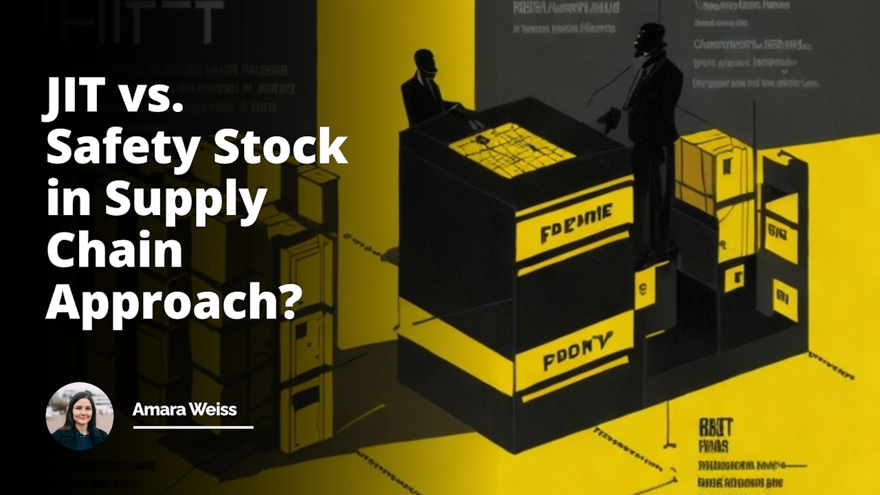 A vibrant background of contrasting yellow and black, in the spotlight two human figures engaged in conversation, one is loaded with boxes labeled 'JIT' reflecting the Just in Time strategy, body language suggesting confidence and efficiency, the other one is surrounded by stacks of boxes labeled 'Safety Stock', showing preparedness and caution, in the middle a symbolic balance scale balancing the two approaches, highlighting a table, papers and laptop suggesting a job interview in process, focused faces indicating a supply chain management scenario, in a distance, a conveyor belt with boxes coming, suggesting the continuous need of decision making in supply chain, subtle humor seen in the exaggerated amounts of boxes, overlapping concepts of job interview and supply chain management strategies are visually intertwined.