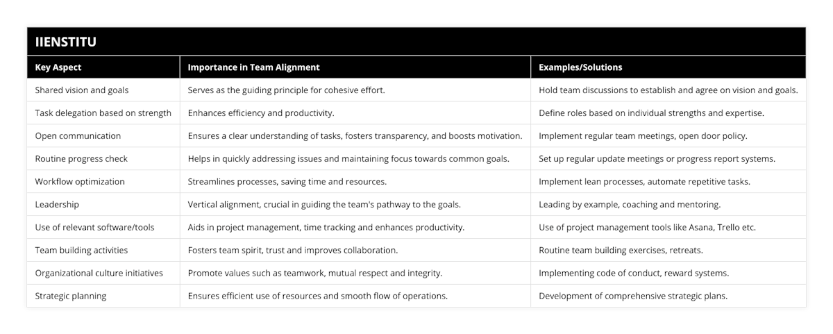 Shared vision and goals, Serves as the guiding principle for cohesive effort, Hold team discussions to establish and agree on vision and goals, Task delegation based on strength, Enhances efficiency and productivity, Define roles based on individual strengths and expertise, Open communication, Ensures a clear understanding of tasks, fosters transparency, and boosts motivation, Implement regular team meetings, open door policy, Routine progress check, Helps in quickly addressing issues and maintaining focus towards common goals, Set up regular update meetings or progress report systems, Workflow optimization, Streamlines processes, saving time and resources, Implement lean processes, automate repetitive tasks, Leadership, Vertical alignment, crucial in guiding the team's pathway to the goals, Leading by example, coaching and mentoring, Use of relevant software/tools, Aids in project management, time tracking and enhances productivity, Use of project management tools like Asana, Trello etc, Team building activities, Fosters team spirit, trust and improves collaboration, Routine team building exercises, retreats, Organizational culture initiatives, Promote values such as teamwork, mutual respect and integrity, Implementing code of conduct, reward systems, Strategic planning, Ensures efficient use of resources and smooth flow of operations, Development of comprehensive strategic plans