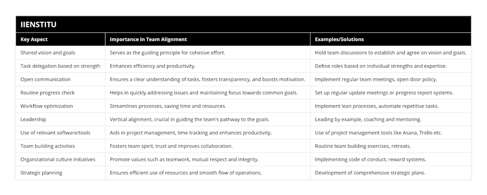 Shared vision and goals, Serves as the guiding principle for cohesive effort, Hold team discussions to establish and agree on vision and goals, Task delegation based on strength, Enhances efficiency and productivity, Define roles based on individual strengths and expertise, Open communication, Ensures a clear understanding of tasks, fosters transparency, and boosts motivation, Implement regular team meetings, open door policy, Routine progress check, Helps in quickly addressing issues and maintaining focus towards common goals, Set up regular update meetings or progress report systems, Workflow optimization, Streamlines processes, saving time and resources, Implement lean processes, automate repetitive tasks, Leadership, Vertical alignment, crucial in guiding the team's pathway to the goals, Leading by example, coaching and mentoring, Use of relevant software/tools, Aids in project management, time tracking and enhances productivity, Use of project management tools like Asana, Trello etc, Team building activities, Fosters team spirit, trust and improves collaboration, Routine team building exercises, retreats, Organizational culture initiatives, Promote values such as teamwork, mutual respect and integrity, Implementing code of conduct, reward systems, Strategic planning, Ensures efficient use of resources and smooth flow of operations, Development of comprehensive strategic plans