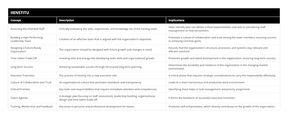 Assessing the Inherited Staff, Critically evaluating the skills, experiences, and knowledge set of the existing team, Helps identify who can deliver critical responsibilities and aids in considering staff reassignment or new recruitment, Building a High-Performing Leadership Team, Creation of an effective team that is aligned with the organization's objectives, Promotes a culture of collaboration and trust among the team members, ensuring success in achieving common goals, Designing a Future-Ready Organization, The organization should be designed with future growth and changes in mind, Ensures that the organization's structure, processes, and systems stay relevant and efficient overtime, Time-Talent Trade-Off, Investing time and energy into developing team skills and organizational growth, Promotes growth and talent development in the organization, ensuring long-term success, Long-term Success, Achieving sustainable success through structured long-term planning, Determines the durability and resilience of the organization in the changing market environment, Executive Transition, The process of moving into a new executive role, A critical phase that requires strategic considerations to carry the responsibility effectively, Culture of Collaboration and Trust, An organizational culture that promotes teamwork and transparency, Leads to a more harmonious and productive work environment, Critical Priorities, Key tasks and responsibilities that require immediate attention and competencies, Identifying these helps in task management and priority assignment, Talent Agenda, A strategic plan focusing on staff assessment, leadership building, organizational design and time-talent trade-off, It forms the backbone of successful executive transition, Training, Mentorship and Feedback, Key areas in personal and professional development for teams, Promotes skill enhancement, which directly contributes to the growth of the organization