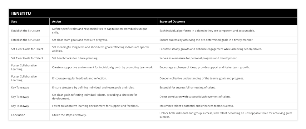 Establish the Structure, Define specific roles and responsibilities to capitalize on individual's unique skills, Each individual performs in a domain they are competent and accountable, Establish the Structure, Set clear team goals and measure progress, Ensure success by achieving the pre-determined goals in a timely manner, Set Clear Goals for Talent, Set meaningful long-term and short-term goals reflecting individual's specific abilities, Facilitate steady growth and enhance engagement while achieving set objectives, Set Clear Goals for Talent, Set benchmarks for future planning, Serves as a measure for personal progress and development, Foster Collaborative Learning, Create a supportive environment for individual growth by promoting teamwork, Encourage exchange of ideas, provide support and foster team growth, Foster Collaborative Learning, Encourage regular feedback and reflection, Deepen collective understanding of the team's goals and progress, Key Takeaway, Ensure structure by defining individual and team goals and roles, Essential for successful harnessing of talent, Key Takeaway, Set clear goals reflecting individual talents, providing a direction for development, Direct correlation with successful achievement of talent, Key Takeaway, Foster collaborative learning environment for support and feedback, Maximizes talent's potential and enhances team's success, Conclusion, Utilize the steps effectively, Unlock both individual and group success, with talent becoming an unstoppable force for achieving great success