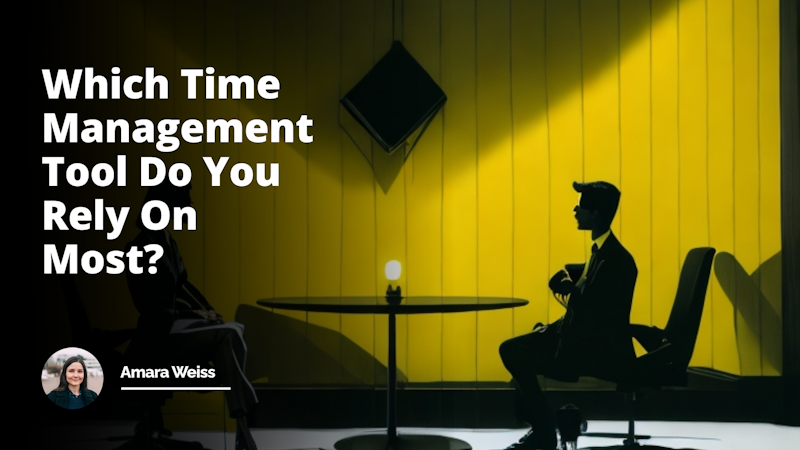 A business setting image, two people, one interviewer, one interviewee, sitting across each other at a sleek, corporate table, yellow lights illuminating the room, casting long shadows, monochrome attire, sharp suited individuals, standard office decor, a large white clock hanging on a black, painted wall, emphasizing time theme, a conspicuous hourglass on the interviewer's desk, representing time passing, a laptop screen visible, open to a presentation titled 'Time Management Course', various downtimes management tools, such as calendars, to-do lists, and productivity apps visible on the screen, interviewee with a notebook, filled with bullet point lists and doodles of mind maps and time charts, a smartphone with a visible time management app opened, expressions on faces serious yet comical, slight elements of levity, such as the over-sized glasses on the interviewer or the interviewee's frenzied hair, subtle indicators of humor, vivid, clear image, engaging, thought-provoking visual narrative.