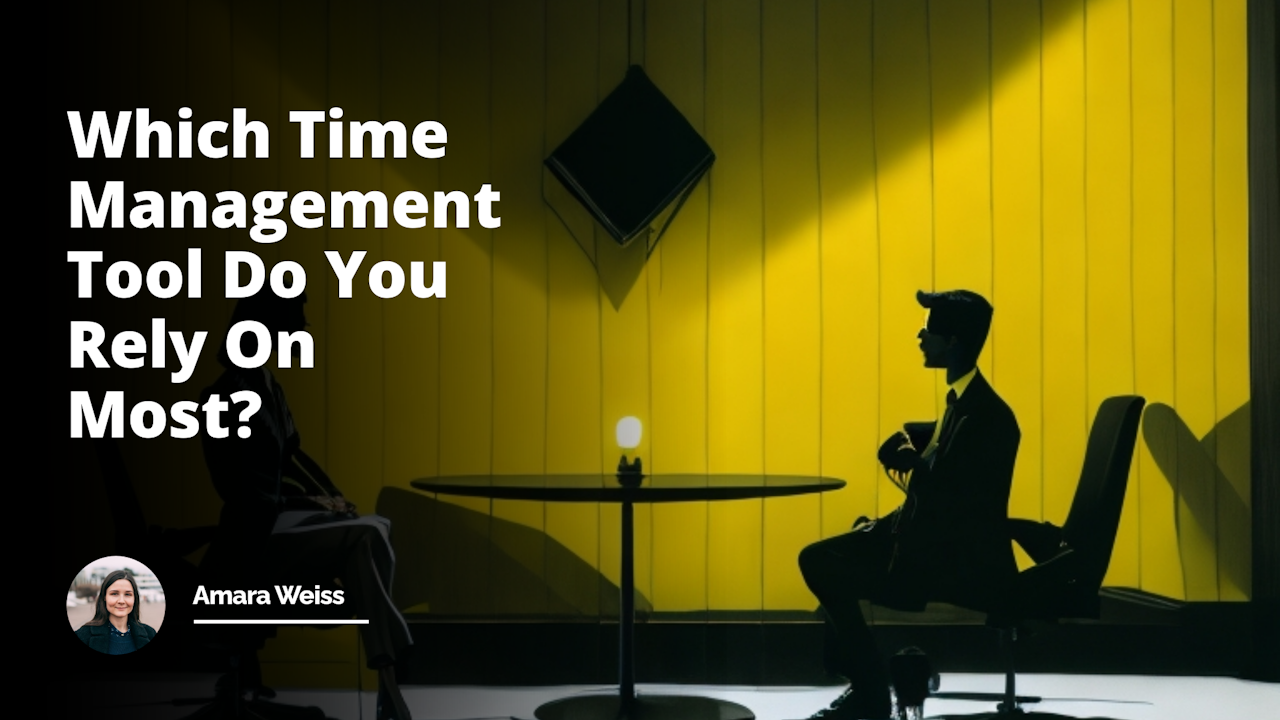 A business setting image, two people, one interviewer, one interviewee, sitting across each other at a sleek, corporate table, yellow lights illuminating the room, casting long shadows, monochrome attire, sharp suited individuals, standard office decor, a large white clock hanging on a black, painted wall, emphasizing time theme, a conspicuous hourglass on the interviewer's desk, representing time passing, a laptop screen visible, open to a presentation titled 'Time Management Course', various downtimes management tools, such as calendars, to-do lists, and productivity apps visible on the screen, interviewee with a notebook, filled with bullet point lists and doodles of mind maps and time charts, a smartphone with a visible time management app opened, expressions on faces serious yet comical, slight elements of levity, such as the over-sized glasses on the interviewer or the interviewee's frenzied hair, subtle indicators of humor, vivid, clear image, engaging, thought-provoking visual narrative.