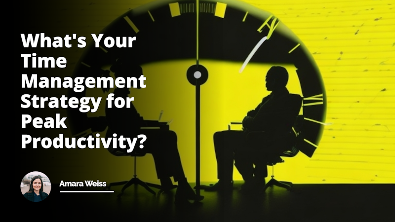 Vibrant yellow background, overlaying black and white clock face, hands pointing at 9 and 5 indicating typical work hours, central focused spotlit stage featuring two silhouetted figures, one figure standing behind a desk with a raised hand capturing the essence of conducting an interview or teaching, second figure in a seating posture reflecting the observant and participatory demeanor required in an interview or a training session, tiny hourglasses scattered across the stage signifying the importance of time management, a hovering white thought bubble with a gear symbolizing strategic planning for productivity, a subtle comic text balloon from the seated figure bringing in the element of humor, interplay of shadows and light dramatizing the scenario, and numerous clock faces subtly fading into the background underscoring the theme of time efficiency.