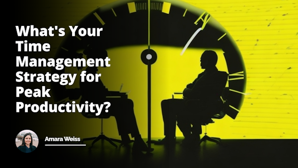 Vibrant yellow background, overlaying black and white clock face, hands pointing at 9 and 5 indicating typical work hours, central focused spotlit stage featuring two silhouetted figures, one figure standing behind a desk with a raised hand capturing the essence of conducting an interview or teaching, second figure in a seating posture reflecting the observant and participatory demeanor required in an interview or a training session, tiny hourglasses scattered across the stage signifying the importance of time management, a hovering white thought bubble with a gear symbolizing strategic planning for productivity, a subtle comic text balloon from the seated figure bringing in the element of humor, interplay of shadows and light dramatizing the scenario, and numerous clock faces subtly fading into the background underscoring the theme of time efficiency.