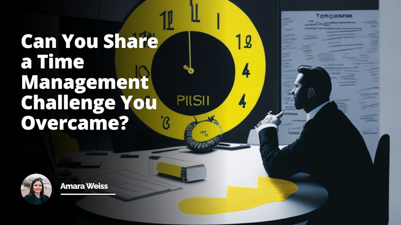 Brightly lit conference room, sleek black round table, yellow post-its scattered across, whiteboard with pie chart depicting time management, multiple chairs around the table depicting discussion, interviewer in white shirt across a nervous applicant in a black suit, colorful desk clock suggesting time efficiency, large window with bustling cityscape, humorous teddy bear clock on the table indicating lighthearted approach, shaking hands over table showing successful negotiation, depictions hinting towards job interview and overcoming time management challenges.