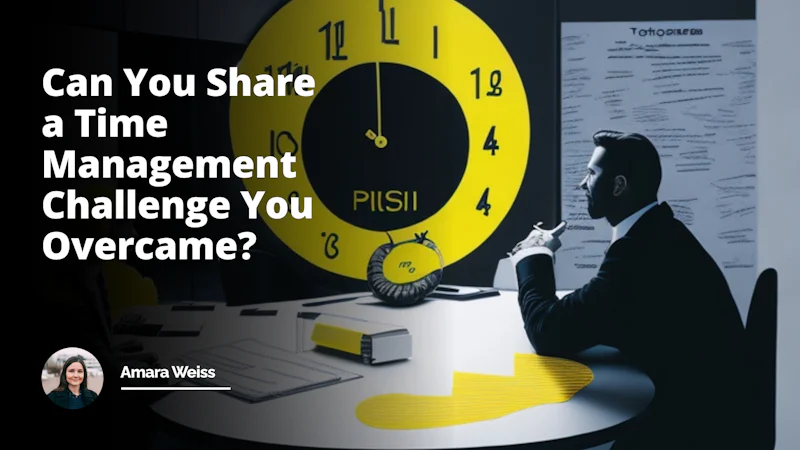 Brightly lit conference room, sleek black round table, yellow post-its scattered across, whiteboard with pie chart depicting time management, multiple chairs around the table depicting discussion, interviewer in white shirt across a nervous applicant in a black suit, colorful desk clock suggesting time efficiency, large window with bustling cityscape, humorous teddy bear clock on the table indicating lighthearted approach, shaking hands over table showing successful negotiation, depictions hinting towards job interview and overcoming time management challenges.