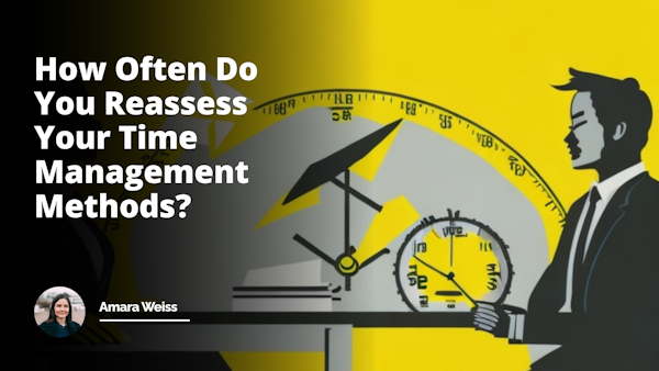 Bright yellow backdrop, black and white clock illustrating the concept of Time Management against it, job interview setting with characters sitting across a table, two people in professional attire, expressions showing seriousness and anxiety, one holding a resume symbolising a job interview, flipchart with Time Management Course title on it, pie-chart, arrows, and clock icons on it, various time management methods, desk organiser, planner emphasising the need for reassessment, stopwatch symbol represents periodic reassessment, humoristic element depicted by a character juggling multiple activities, connection to real-life situation.