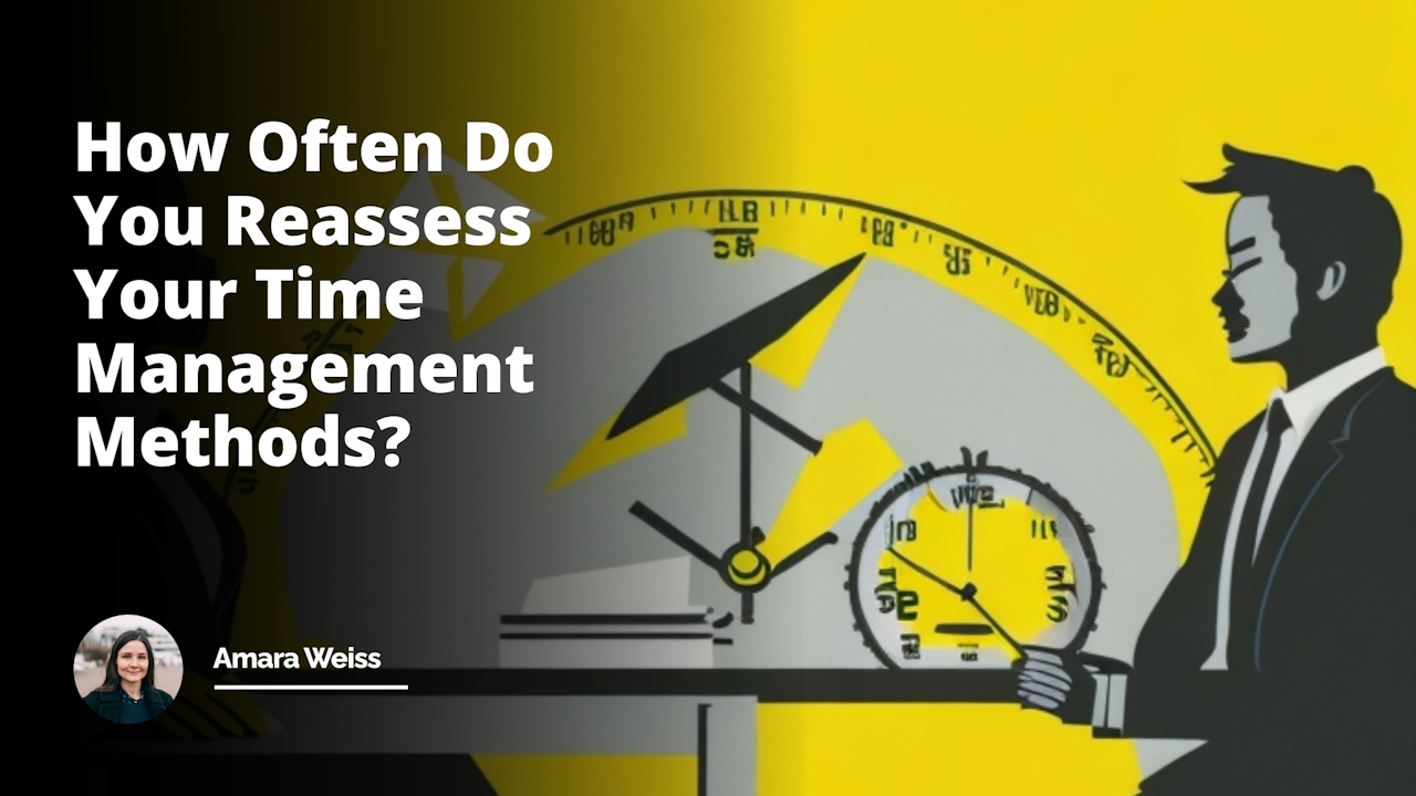 Bright yellow backdrop, black and white clock illustrating the concept of Time Management against it, job interview setting with characters sitting across a table, two people in professional attire, expressions showing seriousness and anxiety, one holding a resume symbolising a job interview, flipchart with Time Management Course title on it, pie-chart, arrows, and clock icons on it, various time management methods, desk organiser, planner emphasising the need for reassessment, stopwatch symbol represents periodic reassessment, humoristic element depicted by a character juggling multiple activities, connection to real-life situation.