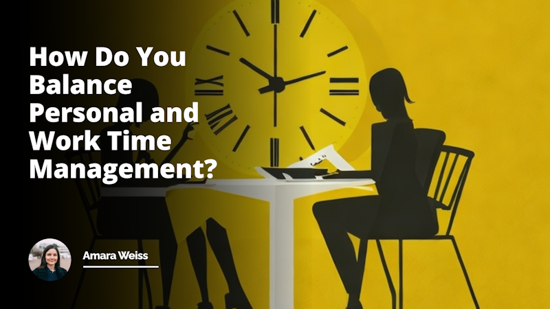 Bright yellow background, two contrasting figures at the center, one figure wearing a professional black suit symbolizing job interview, another figure in a casual white dress symbolizing personal time, two chairs for the figures hinting at interview setting, a giant clock symbolizing time management in the background with its hands in balance, a course book placed on a table as a metaphor for time management course, both figures juggling clocks conveying the struggle to balance personal and work time management, expressions on faces showing stress yet determination, light play on figures drawing attention to constancy of time, casual and professional attire balancing on a seesaw at bottom corner adding humor, entire image reflects the idea of time management struggle in personal and professional life.