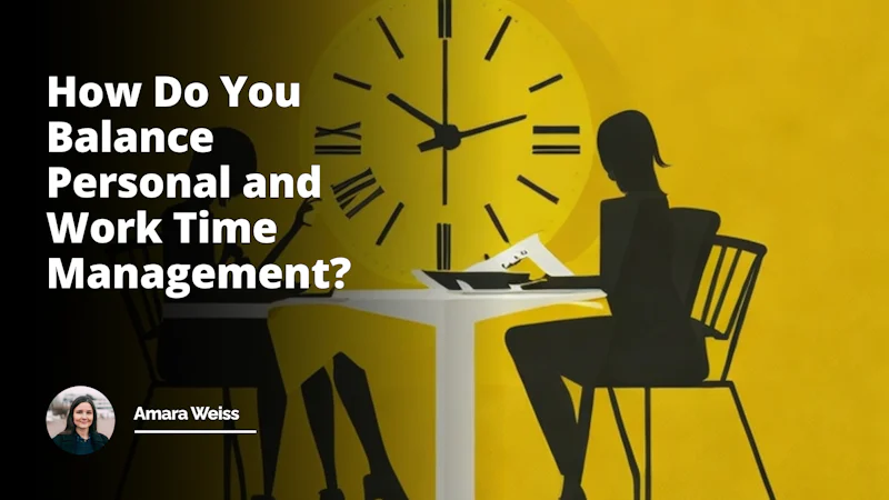 Bright yellow background, two contrasting figures at the center, one figure wearing a professional black suit symbolizing job interview, another figure in a casual white dress symbolizing personal time, two chairs for the figures hinting at interview setting, a giant clock symbolizing time management in the background with its hands in balance, a course book placed on a table as a metaphor for time management course, both figures juggling clocks conveying the struggle to balance personal and work time management, expressions on faces showing stress yet determination, light play on figures drawing attention to constancy of time, casual and professional attire balancing on a seesaw at bottom corner adding humor, entire image reflects the idea of time management struggle in personal and professional life.