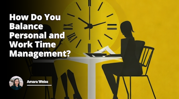 Bright yellow background, two contrasting figures at the center, one figure wearing a professional black suit symbolizing job interview, another figure in a casual white dress symbolizing personal time, two chairs for the figures hinting at interview setting, a giant clock symbolizing time management in the background with its hands in balance, a course book placed on a table as a metaphor for time management course, both figures juggling clocks conveying the struggle to balance personal and work time management, expressions on faces showing stress yet determination, light play on figures drawing attention to constancy of time, casual and professional attire balancing on a seesaw at bottom corner adding humor, entire image reflects the idea of time management struggle in personal and professional life.