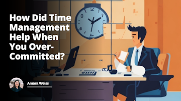 A vector illustration of a high-pressure business scene, man and woman engaging in intense office dialogue, mirrors prospective job interview situation, both dressed professionally, man holding a resume, woman holds a timer representing time management, clock on the wall further emphasizing importance of time, overlapping calendars on their desk hinting at over-commitment, facial expressions light and humorous yet focused, bright combination of white, yellow, and blacks adding to graphical clarity, vibrant office stationery like pen, paper, coffee perhaps to represent a dynamic work environment, small hourglass near the woman illustrating the passing time, an open book with the table of contents that points to a chapter on time management, metaphorically linking time management and interview success, the scramble of hands, papers, and time adding to current trends of complicated work-life balance, philosophical.