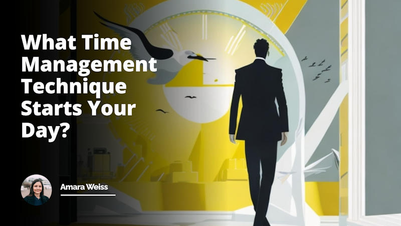 A bright yellow sun rise on a clear, white gradient background, symbolizing the start of a day, In the foreground, a man in a black suit looking at an hourglass, representing time management techniques, White seagulls in the shape of clock hands, adding a touch of humor and highlighting the importance of time, on the right side a woman appearing from a door, symbolizing an interviewee entering a job interview, a pathway symbolizing the course journey towards time management, various elements organically linked to represent the overall concept of punctuality, the essence of time management techniques and job interviews.