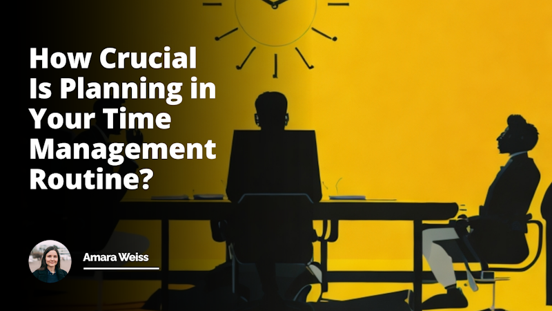 Bright yellow backdrop, black silhouette of a man in a suit, sitting across from another individual at a table, clear representation of a job interview, white hourglass on the table indicating time, numerous clocks hovering above their heads showing different time zones, a large whiteboard sketched with various plans and schedules, expressing the importance of planning in time management, a red arrow from time on the clock pointing to the plans on the board, connecting the two, a calendar marked with dates and timelines, subtle humor in the form of a playful yet stressed expression on the individual's face, a tick-tock sound visualized with small, dotted lines coming from the clocks, emphasizing the constant ticking of time.