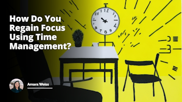 A yellow clock with black lines representing hands, minutes shifting rapidly, in a white room, a table on one side, two chairs across each other, resumes piled high, a visibly nervous interviewee, another calm, confident individual across them, clipboard in hand, a door in the background slightly open, revealing a sign saying 'Time Management Course', a black and white sand timer trickles at the center of the table, a symbol of focus, yellow post-it notes with scribbles everywhere, a faint sound of ticking, hinting at the passing time, creating a mix of tension and humor, an unusual, exaggerated setup for a job interview, both stressful and funny.