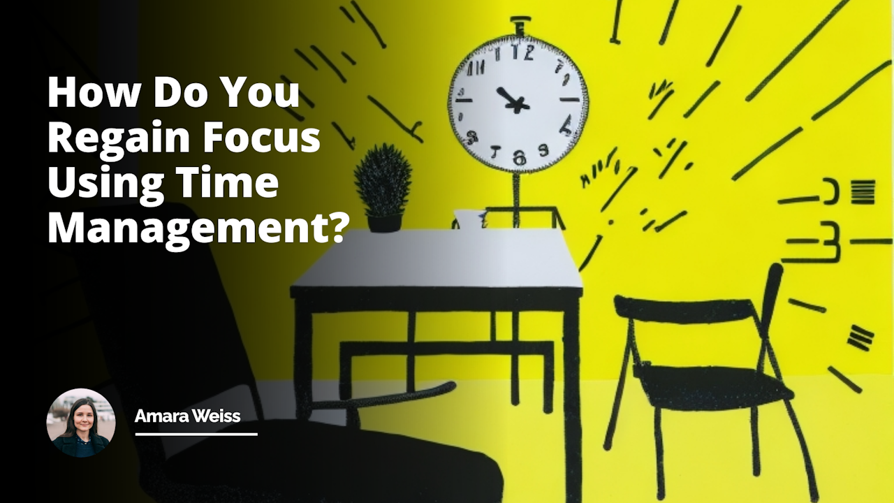 A yellow clock with black lines representing hands, minutes shifting rapidly, in a white room, a table on one side, two chairs across each other, resumes piled high, a visibly nervous interviewee, another calm, confident individual across them, clipboard in hand, a door in the background slightly open, revealing a sign saying 'Time Management Course', a black and white sand timer trickles at the center of the table, a symbol of focus, yellow post-it notes with scribbles everywhere, a faint sound of ticking, hinting at the passing time, creating a mix of tension and humor, an unusual, exaggerated setup for a job interview, both stressful and funny.