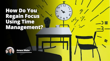 A yellow clock with black lines representing hands, minutes shifting rapidly, in a white room, a table on one side, two chairs across each other, resumes piled high, a visibly nervous interviewee, another calm, confident individual across them, clipboard in hand, a door in the background slightly open, revealing a sign saying 'Time Management Course', a black and white sand timer trickles at the center of the table, a symbol of focus, yellow post-it notes with scribbles everywhere, a faint sound of ticking, hinting at the passing time, creating a mix of tension and humor, an unusual, exaggerated setup for a job interview, both stressful and funny.