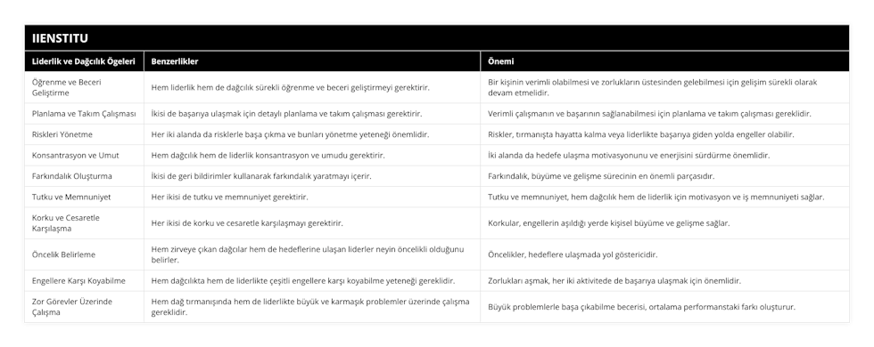 Öğrenme ve Beceri Geliştirme, Hem liderlik hem de dağcılık sürekli öğrenme ve beceri geliştirmeyi gerektirir, Bir kişinin verimli olabilmesi ve zorlukların üstesinden gelebilmesi için gelişim sürekli olarak devam etmelidir, Planlama ve Takım Çalışması, İkisi de başarıya ulaşmak için detaylı planlama ve takım çalışması gerektirir, Verimli çalışmanın ve başarının sağlanabilmesi için planlama ve takım çalışması gereklidir, Riskleri Yönetme, Her iki alanda da risklerle başa çıkma ve bunları yönetme yeteneği önemlidir, Riskler, tırmanışta hayatta kalma veya liderlikte başarıya giden yolda engeller olabilir, Konsantrasyon ve Umut, Hem dağcılık hem de liderlik konsantrasyon ve umudu gerektirir, İki alanda da hedefe ulaşma motivasyonunu ve enerjisini sürdürme önemlidir, Farkındalık Oluşturma, İkisi de geri bildirimler kullanarak farkındalık yaratmayı içerir, Farkındalık, büyüme ve gelişme sürecinin en önemli parçasıdır, Tutku ve Memnuniyet, Her ikisi de tutku ve memnuniyet gerektirir, Tutku ve memnuniyet, hem dağcılık hem de liderlik için motivasyon ve iş memnuniyeti sağlar, Korku ve Cesaretle Karşılaşma, Her ikisi de korku ve cesaretle karşılaşmayı gerektirir, Korkular, engellerin aşıldığı yerde kişisel büyüme ve gelişme sağlar, Öncelik Belirleme, Hem zirveye çıkan dağcılar hem de hedeflerine ulaşan liderler neyin öncelikli olduğunu belirler, Öncelikler, hedeflere ulaşmada yol göstericidir, Engellere Karşı Koyabilme, Hem dağcılıkta hem de liderlikte çeşitli engellere karşı koyabilme yeteneği gereklidir, Zorlukları aşmak, her iki aktivitede de başarıya ulaşmak için önemlidir, Zor Görevler Üzerinde Çalışma, Hem dağ tırmanışında hem de liderlikte büyük ve karmaşık problemler üzerinde çalışma gereklidir, Büyük problemlerle başa çıkabilme becerisi, ortalama performanstaki farkı oluşturur