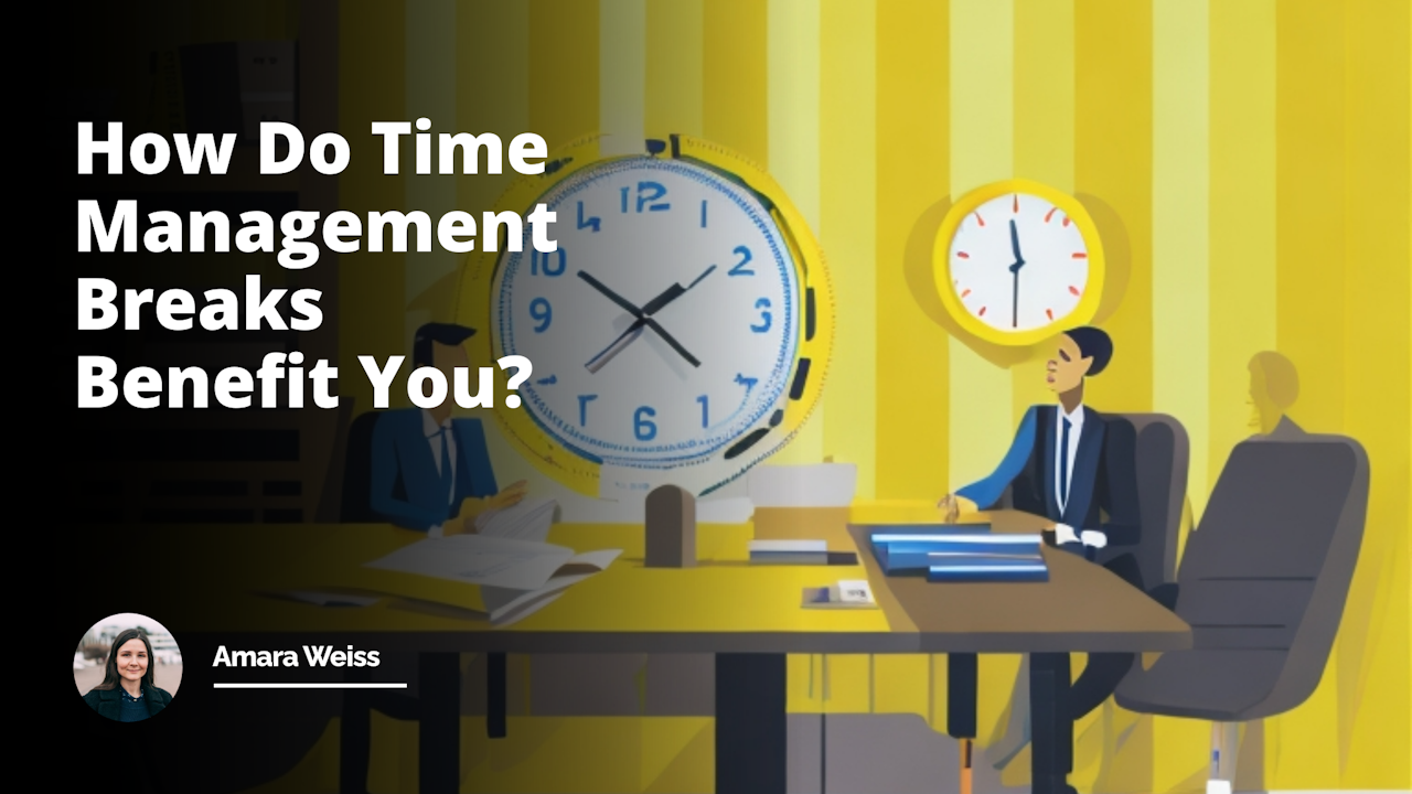 Foreground showing a job interview setting, two individuals sitting across a table, one possibly a HR manager holding a yellow clipboard, candidate looking confident and prepared, a large analog clock on the wall behind depicting importance of time, table decorated with a small checkered flag signalling start of a race hinting towards time management, a small hourglass on the table, several books on shelf related to job prep and time management, window view of employees taking short workout breaks, a smaller table in corner featuring a chess game, hinting strategy and time practices, confusion comedy ensued on the chessboard, bright light coming from the window.