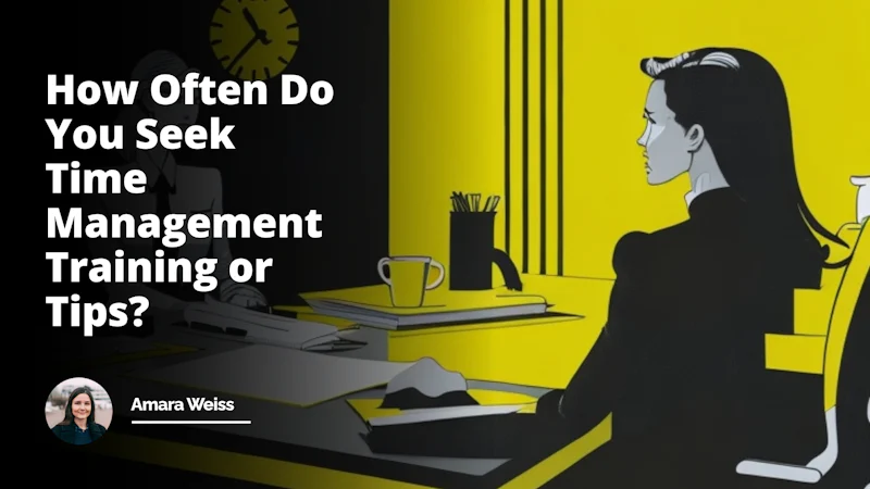 Businesswoman seated at a desk, job candidate opposite her, formal attire, stark contrast of bold yellow, black, white colors, interviewer with a stern expression, candidate appearing confident, shake hands in the middle, a large visible clock on the wall behind implying time management, a stack of paperwork neatly organized on the desk, an hourglass central on the desk emphasizing time importance, an open laptop displaying pie chart, graphs, both participants holding cups of coffee to represent a more informal atmosphere, on the wall a poster picturing a calendar marked with deadlines, tasks, interviews and courses to reference the seeking of time management training and tips, light from the window behind casting long shadows, contrasting yet harmonious aura, subtle humor in an exaggerated big clock necklace around the candidate's neck.