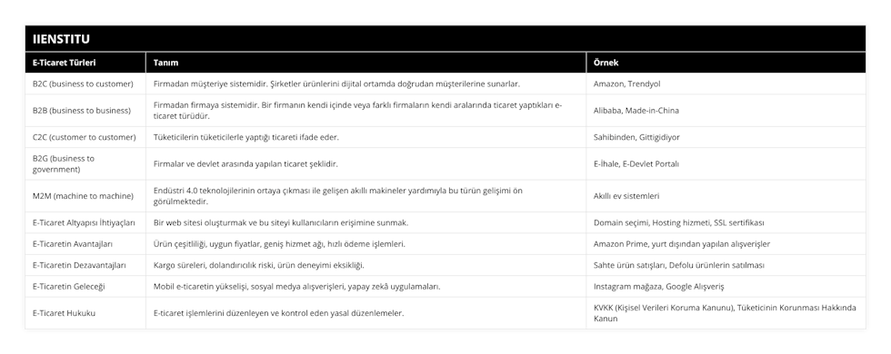 B2C (business to customer), Firmadan müşteriye sistemidir Şirketler ürünlerini dijital ortamda doğrudan müşterilerine sunarlar, Amazon, Trendyol, B2B (business to business), Firmadan firmaya sistemidir Bir firmanın kendi içinde veya farklı firmaların kendi aralarında ticaret yaptıkları e-ticaret türüdür, Alibaba, Made-in-China, C2C (customer to customer), Tüketicilerin tüketicilerle yaptığı ticareti ifade eder, Sahibinden, Gittigidiyor, B2G (business to government), Firmalar ve devlet arasında yapılan ticaret şeklidir, E-İhale, E-Devlet Portalı, M2M (machine to machine), Endüstri 40 teknolojilerinin ortaya çıkması ile gelişen akıllı makineler yardımıyla bu türün gelişimi ön görülmektedir, Akıllı ev sistemleri, E-Ticaret Altyapısı İhtiyaçları, Bir web sitesi oluşturmak ve bu siteyi kullanıcıların erişimine sunmak, Domain seçimi, Hosting hizmeti, SSL sertifikası, E-Ticaretin Avantajları, Ürün çeşitliliği, uygun fiyatlar, geniş hizmet ağı, hızlı ödeme işlemleri, Amazon Prime, yurt dışından yapılan alışverişler, E-Ticaretin Dezavantajları, Kargo süreleri, dolandırıcılık riski, ürün deneyimi eksikliği, Sahte ürün satışları, Defolu ürünlerin satılması, E-Ticaretin Geleceği, Mobil e-ticaretin yükselişi, sosyal medya alışverişleri, yapay zekâ uygulamaları, Instagram mağaza, Google Alışveriş, E-Ticaret Hukuku, E-ticaret işlemlerini düzenleyen ve kontrol eden yasal düzenlemeler, KVKK (Kişisel Verileri Koruma Kanunu), Tüketicinin Korunması Hakkında Kanun