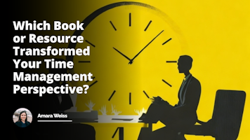 Bright sunny yellow background with a striking black and white silhouette image of two individuals sitting across a desk, symbolizing a job interview, one person is noticeably gesticulating, indicating an engaging conversation in progress, a clock hanging on the wall behind them in the frame hinting at the concept of time management, a pile of assorted book graphics subtly arranged at the corner of the desk indicating crucial resources that shape one's view on managing time, underlying humor subtly seeping out from a framed picture on the wall of a tortoise winning a race against a rabbit, an ironic reference to the popular fable, ultimately highlighting the importance of steady progress over speed in terms of productivity and time management.